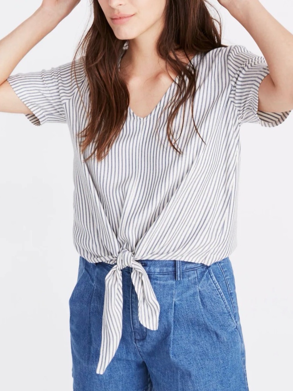 Madewell Novel Tie Front Striped V-Neck Short Sleeve Shirt Blouse Top